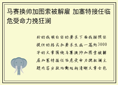 马赛换帅加图索被解雇 加塞特接任临危受命力挽狂澜