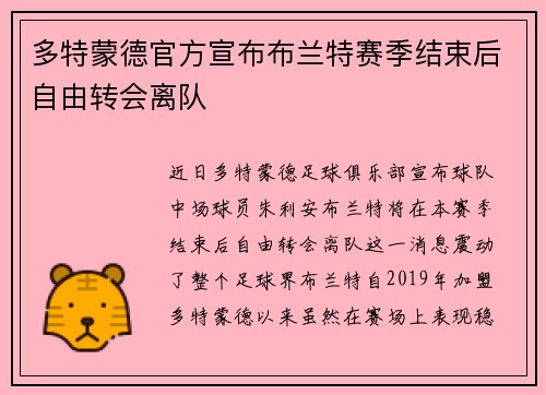 多特蒙德官方宣布布兰特赛季结束后自由转会离队 多特蒙德官方宣布布兰特赛季结束后自由转会离队